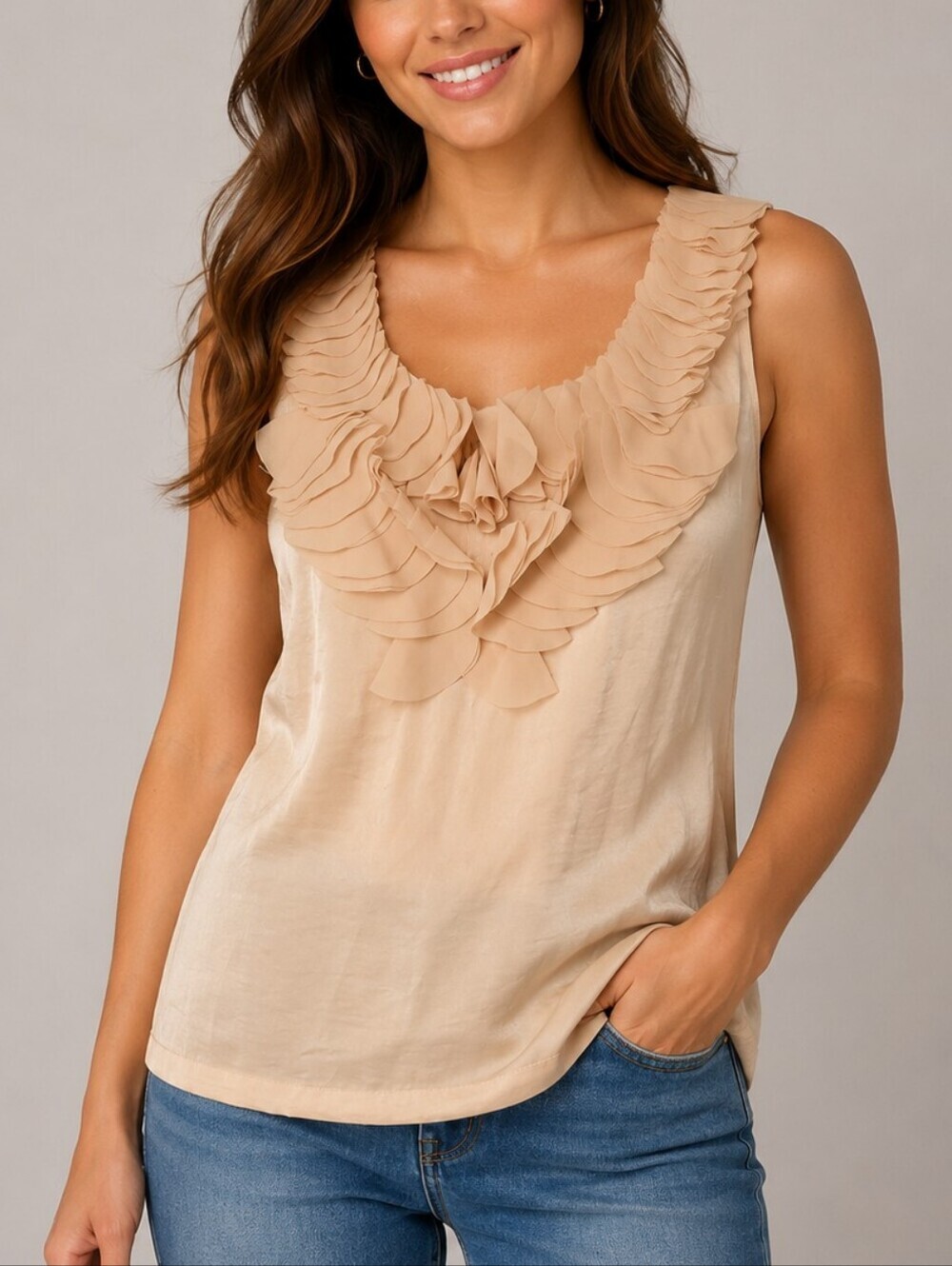 ADIVA Pearl Beige Satin Sleeveless Ruffled Scoop Neck Top